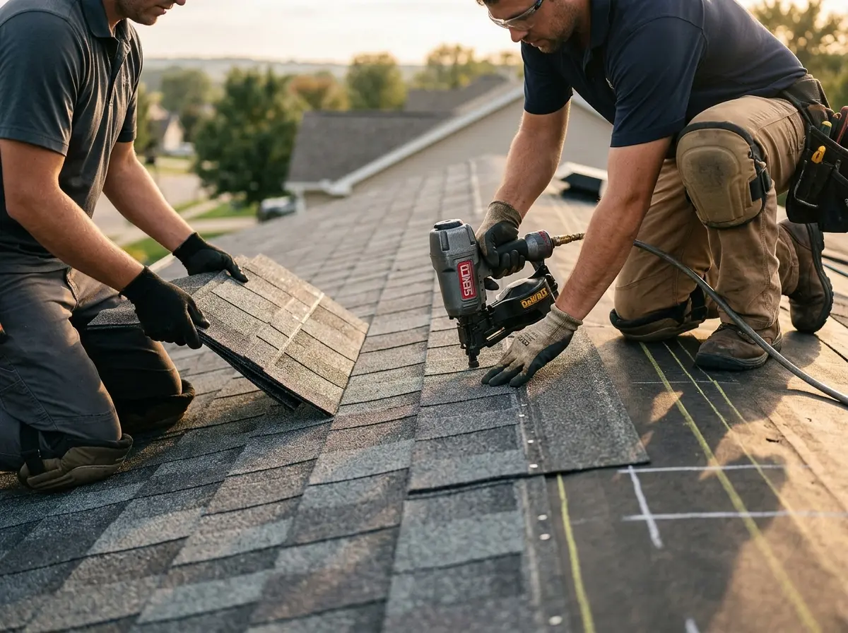 Professional roofer working on a residential roof in Naranja